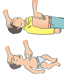 未就学児と乳児に対する胸骨圧迫は、胸の厚さの約1/3の深さ、100～120回/分のテンポで押す